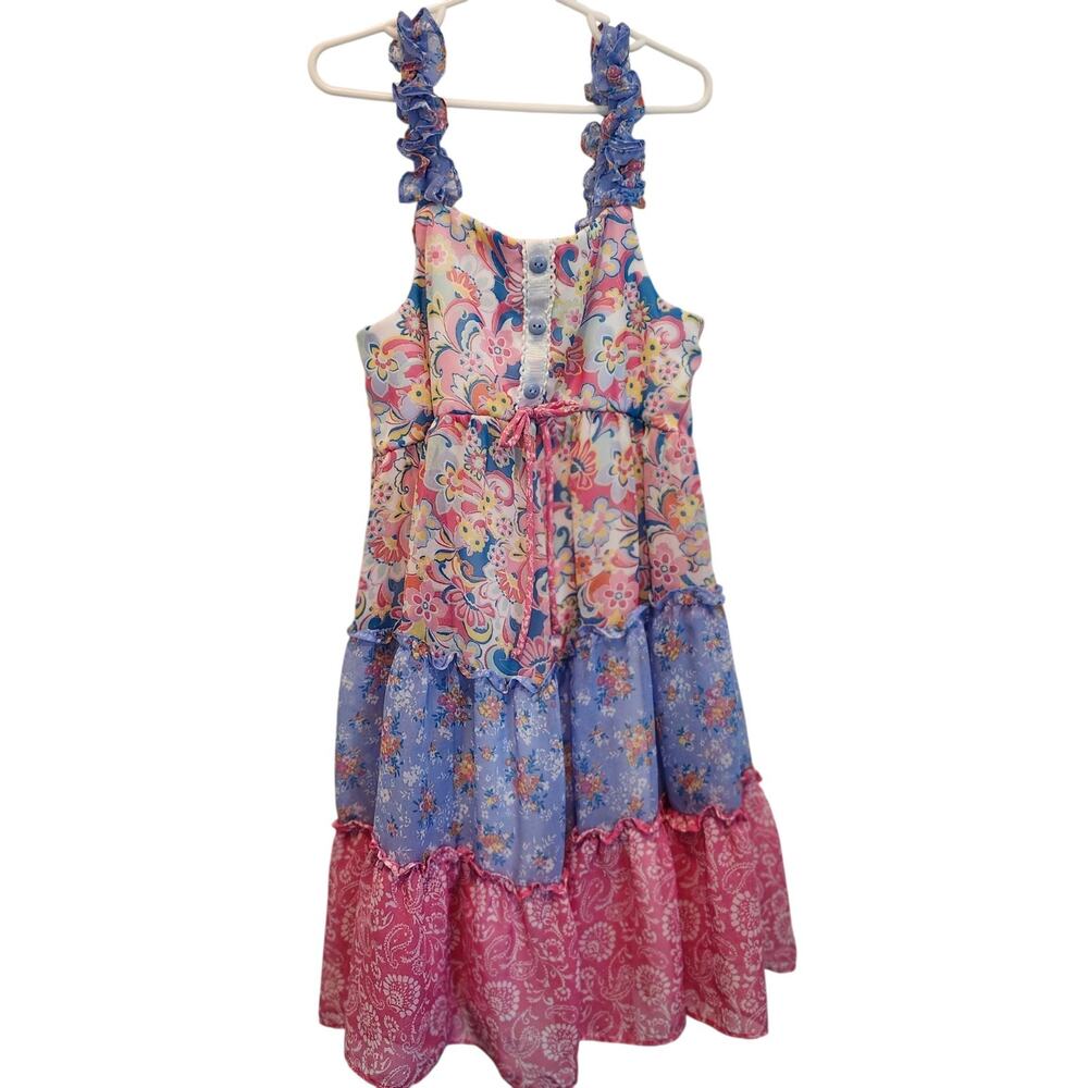 Country Whimsy Boho Girls Sleeveless Dress Pastel Floral Sz 10 Pink Blue New